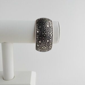 Chunky Silver Plated Wide Cuff Bangle Bracelet Floral Motif Ornate Design